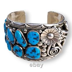 Native American Navajo Stover Paul Sterling Silver Turquoise Cuff Bracelet