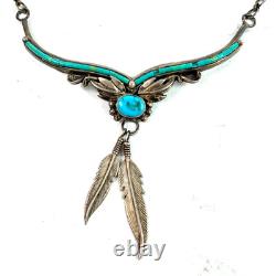 Native American Navajo Style Necklace Sleeping Beauty Turquoise Feathers Silver
