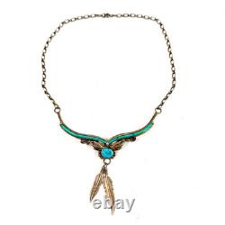 Native American Navajo Style Necklace Sleeping Beauty Turquoise Feathers Silver