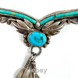 Native American Navajo Style Necklace Sleeping Beauty Turquoise Feathers Silver