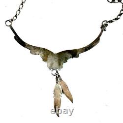 Native American Navajo Style Necklace Sleeping Beauty Turquoise Feathers Silver