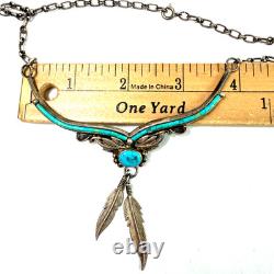 Native American Navajo Style Necklace Sleeping Beauty Turquoise Feathers Silver