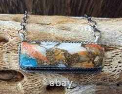 Native American Navajo Tia Long Handmade Spiny Oyster Turquoise Bar Necklace