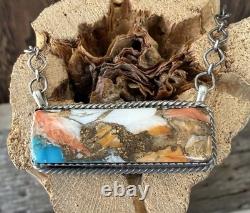 Native American Navajo Tia Long Handmade Spiny Oyster Turquoise Bar Necklace
