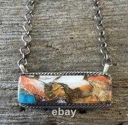 Native American Navajo Tia Long Handmade Spiny Oyster Turquoise Bar Necklace
