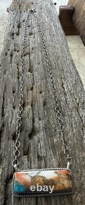 Native American Navajo Tia Long Handmade Spiny Oyster Turquoise Bar Necklace