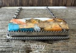 Native American Navajo Tia Long Handmade Spiny Oyster Turquoise Bar Necklace