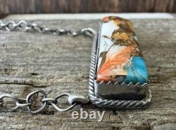Native American Navajo Tia Long Handmade Spiny Oyster Turquoise Bar Necklace