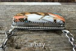 Native American Navajo Tia Long Handmade Spiny Oyster Turquoise Bar Necklace