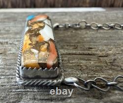 Native American Navajo Tia Long Handmade Spiny Oyster Turquoise Bar Necklace
