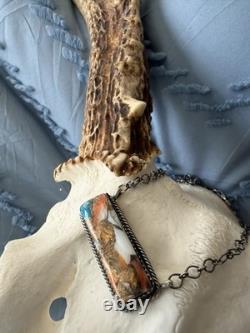Native American Navajo Tia Long Handmade Spiny Oyster Turquoise Bar Necklace