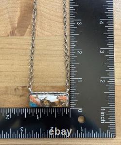 Native American Navajo Tia Long Handmade Spiny Oyster Turquoise Bar Necklace