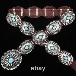 Native American Navajo Traditional Stamped Silver Turquoise Concho Belt