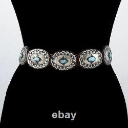 Native American Navajo Traditional Stamped Silver Turquoise Concho Belt