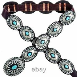 Native American Navajo Traditional Stamped Silver Turquoise Concho Belt