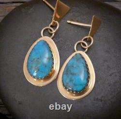 Native American Navajo Turquoise 14k Gold Post Dangle Earrings