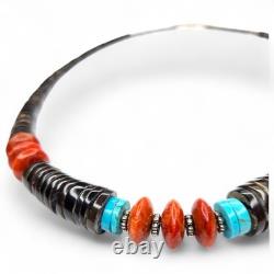 Native American Navajo Turquoise Coral Graduated Heishi Shell Necklace 24 Inches