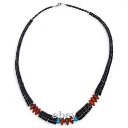 Native American Navajo Turquoise Coral Graduated Heishi Shell Necklace 24 Inches