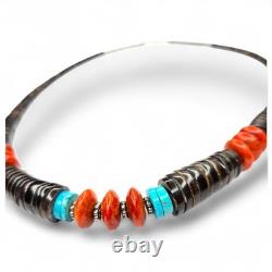 Native American Navajo Turquoise Coral Graduated Heishi Shell Necklace 24 Inches