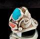 Native American, Navajo Turquoise & Coral Sterling Ring Size 8.25