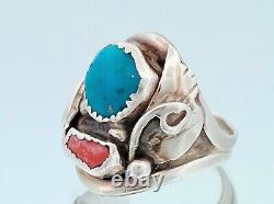 Native American, Navajo Turquoise & Coral Sterling Ring Size 8.25