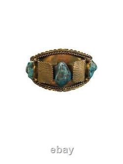 Native American Navajo Turquoise Nugget Brass Zuni Southwestern Cuff Bracelet