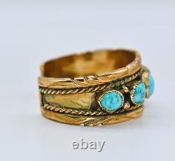 Native American Navajo Turquoise Red Brass Cuff Bracelet Signed T