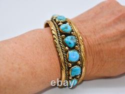 Native American Navajo Turquoise Red Brass Cuff Bracelet Signed T