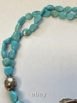 Native American Navajo Turquoise Silver Pendant and Turquoise Bead Necklace