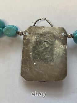 Native American Navajo Turquoise Silver Pendant and Turquoise Bead Necklace