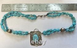 Native American Navajo Turquoise Silver Pendant and Turquoise Bead Necklace