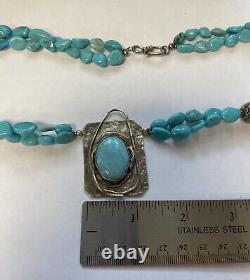 Native American Navajo Turquoise Silver Pendant and Turquoise Bead Necklace