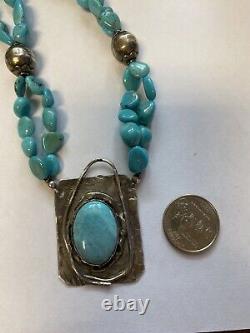 Native American Navajo Turquoise Silver Pendant and Turquoise Bead Necklace