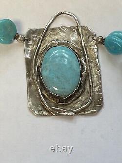 Native American Navajo Turquoise Silver Pendant and Turquoise Bead Necklace