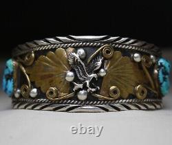 Native American Navajo Turquoise Sterling Silver Eagle Cuff Bracelet Large Size