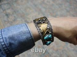 Native American Navajo Turquoise Sterling Silver Eagle Cuff Bracelet Large Size