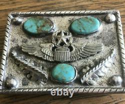 Native American Navajo Turquoise Sterling Silver Handmade WW II Era Belt Buckle