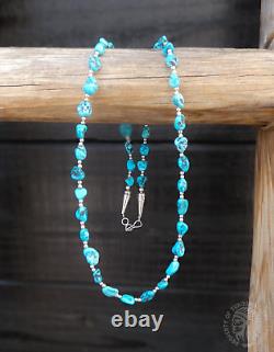 Native American Navajo Vintage Silver & Turquoise Nugget Beads Necklace 22 inch