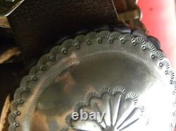 Native American Navajo XLG Leather Backed CONCHO BELT, Nickel Silver, 42 45
