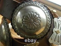 Native American Navajo XLG Leather Backed CONCHO BELT, Nickel Silver, 42 45