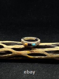 Native American Navajo inlay Multi Color Sterling Silver band ring size 5