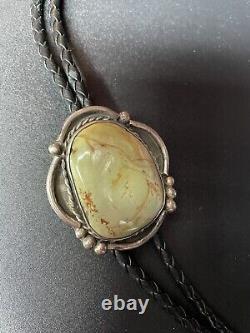 Native American Navajo leather Bolo with green jasper. Artist signed