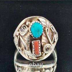 Native American, Navajo signed B Turquoise & Coral Sterling Ring Size 10.25
