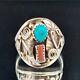 Native American, Navajo Signed B Turquoise & Coral Sterling Ring Size 10.25