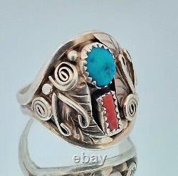 Native American, Navajo signed B Turquoise & Coral Sterling Ring Size 10.25