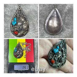 Native American Navajo silver turquoise coral large drop pendant With Necklace