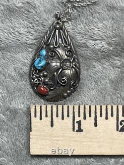 Native American Navajo silver turquoise coral large drop pendant With Necklace