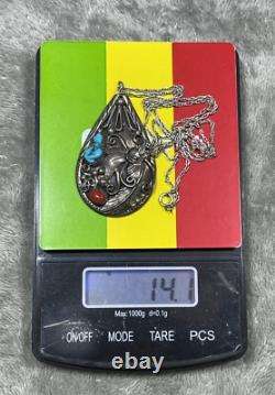 Native American Navajo silver turquoise coral large drop pendant With Necklace