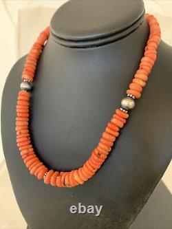 Native American Pink Coral Navajo Sterling Silver Bead 18 Necklace 01951