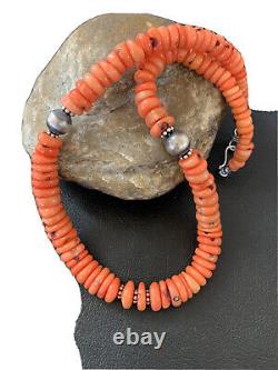 Native American Pink Coral Navajo Sterling Silver Bead 18 Necklace 01951